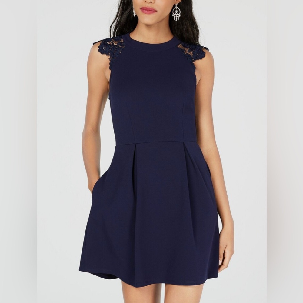 Speechless Women Junior Blue Lace Contrast Fit & Flare Dress, XXL